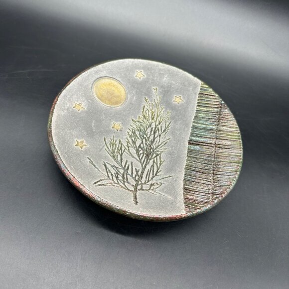 Handcrafted Raku Pottery Moon Tree Trinket Dish Tray Joyce Furney Clay Cellar - Picture 1 of 8